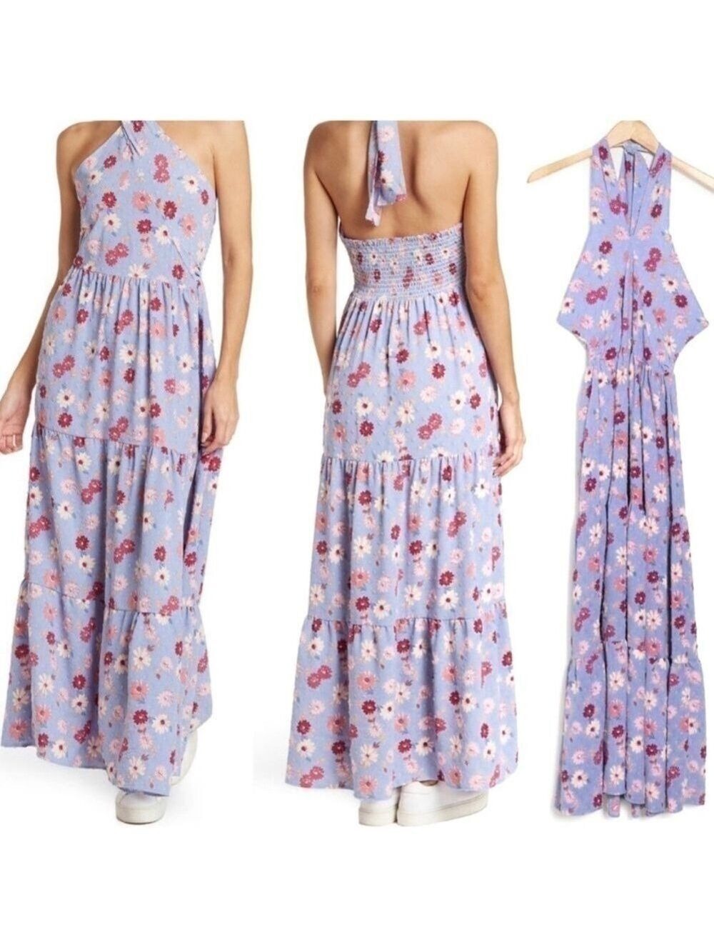 NEW-COTTON EMPORIUM Bluish Purple, NeckTie, Floral, Halter, Maxi Summer Dress LG